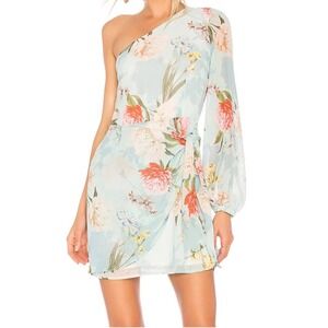 Yumi Kim One Shoulder Floral Mini Dress Light Blue Long Sleeve Wrap Front Size M
